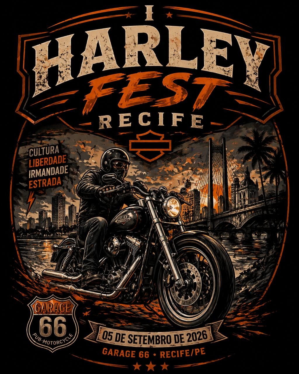Arte oficial Harley Fest Recife com motociclista e paisagem de Recife
